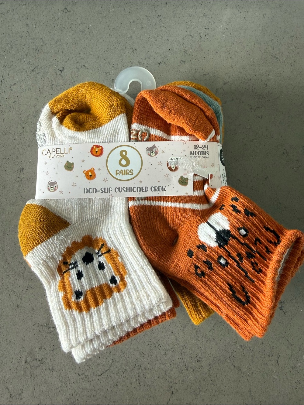Capelli of New York Kids Orange, White & Mustard Lion Crew Socks - 8 Pairs